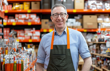 Smiling hardware store employee wearing apron standing in tool aisle with shelves stocked with various products