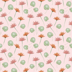Seamless pattern with elegant lotus flowers and lush leaves, featuring delicate lines and soft color transitions. Perfect for fabric design, packaging, and backgrounds.