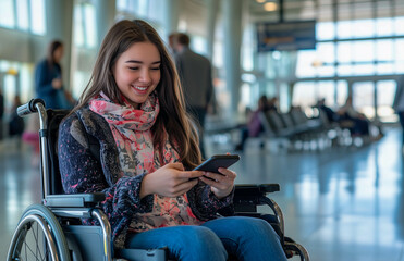 Smiling young woman in wheelchair using smartphone while waiting at bright modern airport terminal for her flight