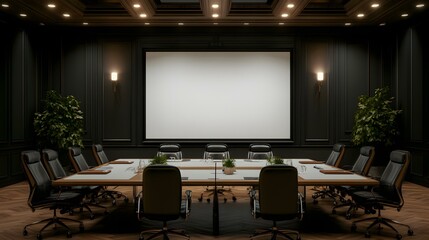 a modern conference room with a large screen, table and chairs, creating a professional setting