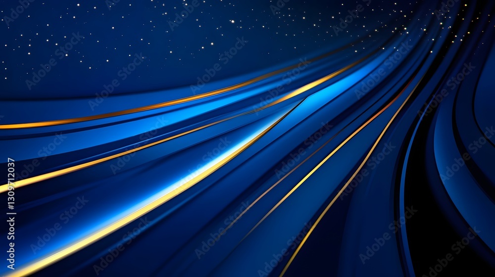 Poster mesmerizing abstract blue and golden technological background with smooth glowing trails