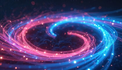 Obraz premium Swirling glowing fiber optic strands form abstract futuristic dreamscape. Neon light geometric pattern illuminated by beat energy. Twisting, curling ribbons intricate, digital, modern, tech, science