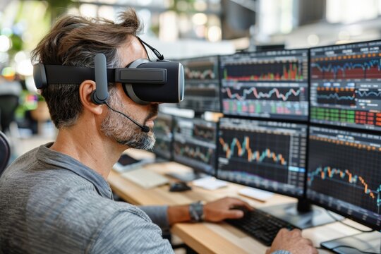 Professional trader wearing VR headset engaged with digital stock market interface displaying financial data and real-time stock performance. Multiple monitors showing fluctuating graphs analytics. - Powered by Adobe