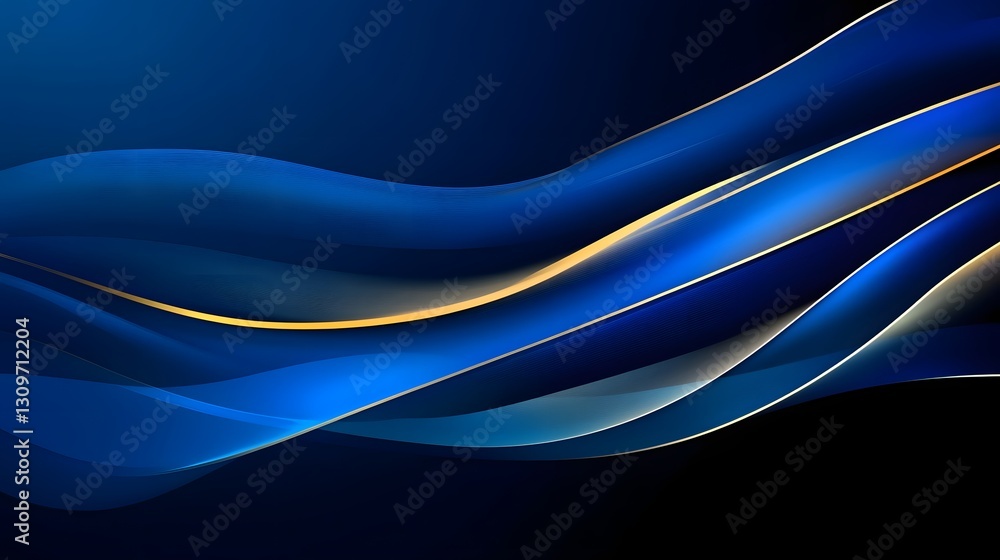 Poster luxurious dark blue gradient with flowing golden lines and soft reflections