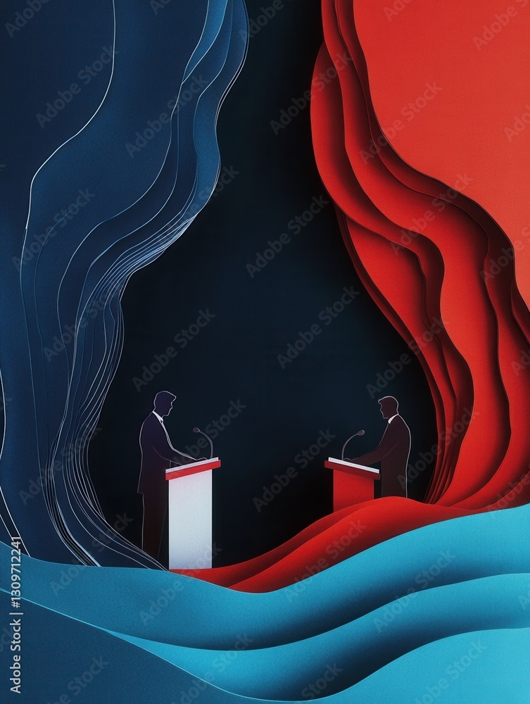 Aufkleber engaging political debate with layered paper art and dynamic silhouettes creating an energetic backd