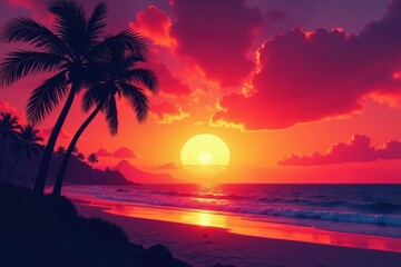Silhouetted palm trees against fiery Long Beach sunset, ocean, light