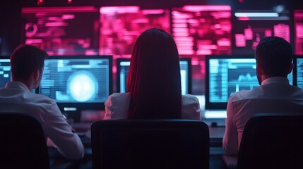 Multinational Team Collaborating on Futuristic Digital Interface with Holographic Data Visualization