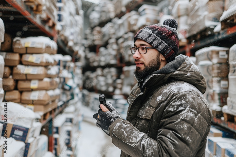 Poster warehouse employee in a winter coat and beanie using an rfid scanner to monitor inventory in a cold 
