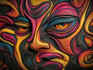 Colorful Abstract Face Relief Art Bringing Vibrant Expressions to Life in a Creative Installation