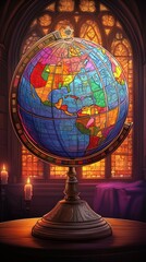 Obraz premium Detailed Globe on an Ornate Stand Illuminated by Candlelight in a Historical, Gothic Setting