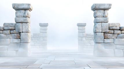 A series of pillars are shown in a foggy, misty atmosphere