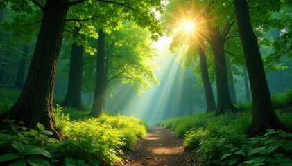 Fototapeta premium Sun-drenched summer forest panorama, vibrant green canopy, canopy, texture, sunbeams