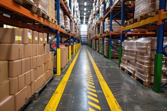 Warehouse floor with organized pedestrian walkways, forklift lanes, ensuring safe navigation structured layout with clear yellow markings enhances efficiency workplace safety in logistics operations.