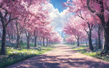 City park with pathways lined by blooming trees