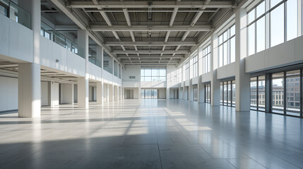 Modern empty office building with open ceiling design, sleek concrete floors, and sleek minimalist aesthetic, flooded with natural light, awaiting business occupancy and activity.