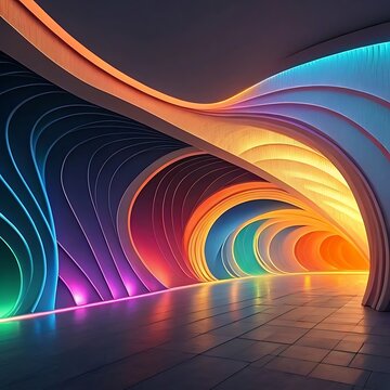 "Futuristic Abstract Tunnel: Vibrant Curved Layers, Colorful Gradients, and Reflective Tiles - Modern Interior Design Stock Image".