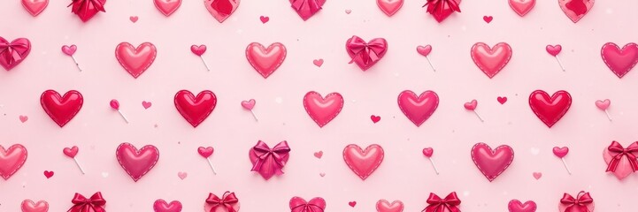 Fototapeta premium Pink & red cartoon hearts, bows, lollipops, gift boxes Valentine's Day repeat pattern , adorable, texture, graphic