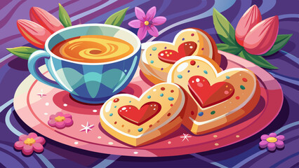 Sweet heart cookies with tea or coffee