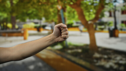 Man's hand clenched in a fist representing strength and determination in an outdoor park setting...