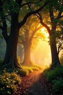 Golden hour light illuminates ancient trees, birdsong fills air, blue, beautiful