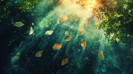 Obraz premium Futuristic nature scene with digital leaves floating in zero gravity, illuminated by a radiant, abstract light source --ar 16:9