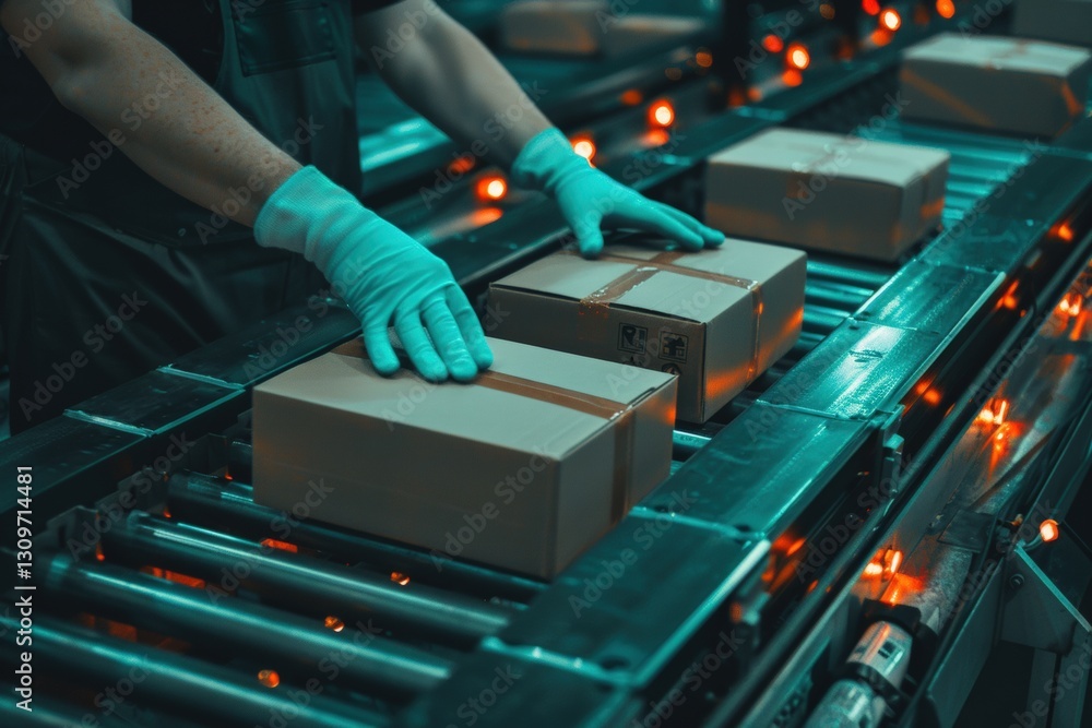 Poster warehouse worker handling packages on conveyor belt, preparing shipments for distribution, efficient