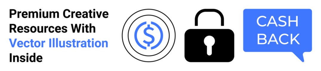 Fototapeta premium Dollar sign, padlock, cashback text bubble. Ideal for finance apps, security, loyalty programs, e-commerce, promotions creative industries and fintech. Flat landing page banner