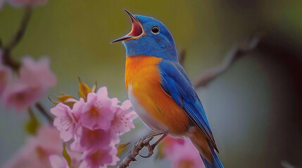 A beautiful colorful sparrow opening it beck and seeing into the sky.