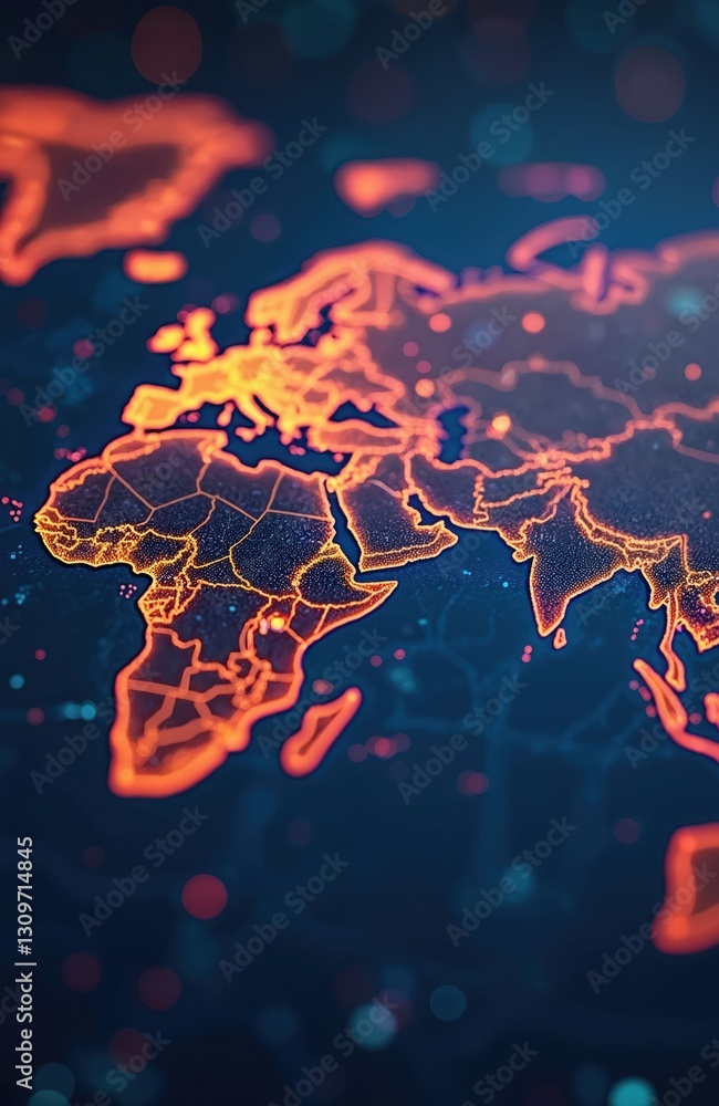 Poster abstract digital world map with glowing red data points on dark background. conceptual tech design r