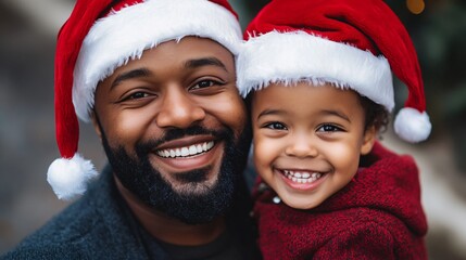 Cheerful man & child in Santa hats smiling