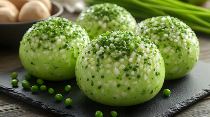 Gourmet Green Food Balls On Dark Stone Plate