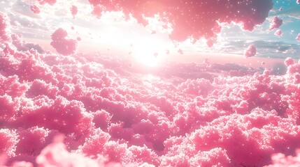 A dreamy landscape featuring pink clouds under bright sunlight skies