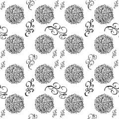 This pattern features intricate black ornamental designs on a white background. It consists of circular floral motifs with detailed swirls and curls, accompanied by elegant, curved decorative elements
