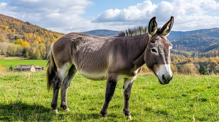 Naklejka premium Charming fat donkey grazing peacefully in a lush green grassland under a bright blue sky in nature