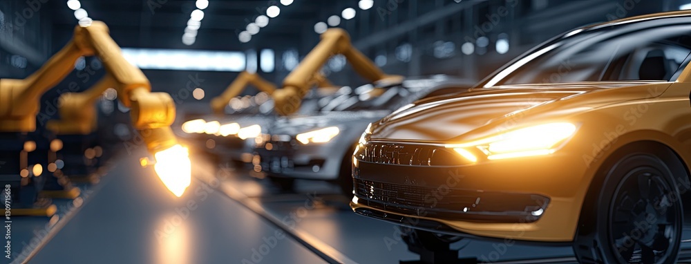 Poster advanced robotic technology works efficiently to assemble car parts on the production line in a stat