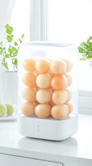 Modern egg storage container with neatly arranged brown eggs, placed on white kitchen counter near green plants, showcasing sleek and practical kitchen organization.