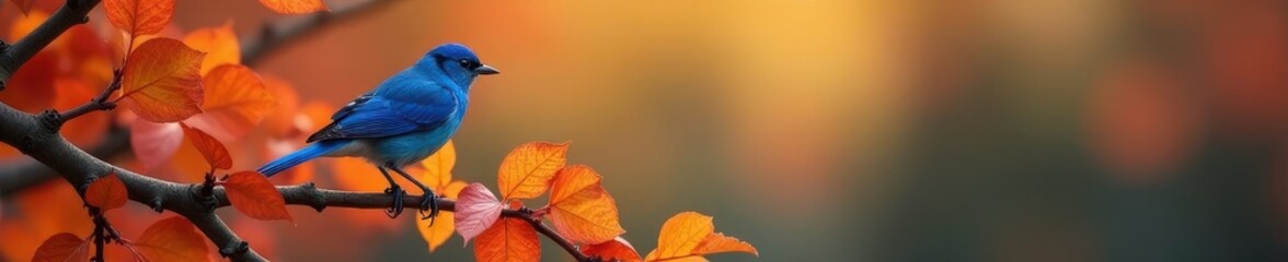 Fototapeta premium Vibrant blue bird on crimson branch, golden leaves , feather, bird on branch, plumage