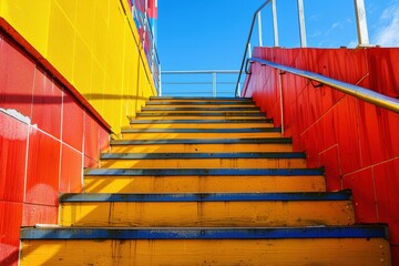 Warehouse stairway with bright yellow and red walls, blue sky in background. Well-lit structure with metal handrails ensuring safe movement for workers in an industrial environment.