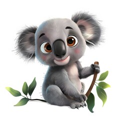Obraz premium Cute cartoon koala character sitting with a branch and leaves