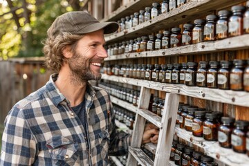 Smiling worker in casual plaid shirt and cap organizing neatly arranged bottles on wooden shelves. Outdoor storage space featuring glass jars filled with various products under natural sunlight.