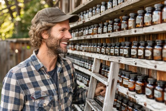 Smiling worker in casual plaid shirt and cap organizing neatly arranged bottles on wooden shelves. Outdoor storage space featuring glass jars filled with various products under natural sunlight.