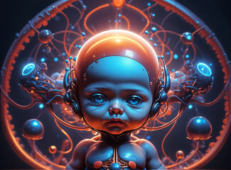 A synthetic humanoid child, glowing with digital circuits, embodies advanced AI within a nanotech body, symbolizing the future of integrated technology
