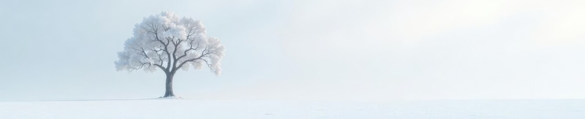 Fototapeta premium A solitary tree against the backdrop of vast white snow, Whiteout, Serenity, Frost