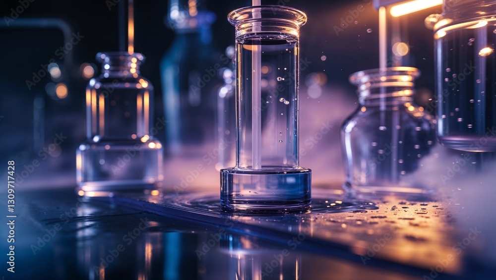 Poster lab setup showcasing glass containers with liquid undergoing a scientific process in a low-lit envir