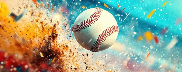 Dynamic Baseball in Motion with Colorful Confetti Explosion