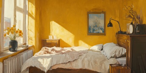 A sunlit bedroom interior with a bed and window in yellow color