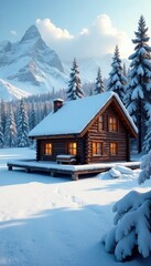 Cabin's wooden facade blends with snowy backdrop, cabin, frozen lake, winter wonderland