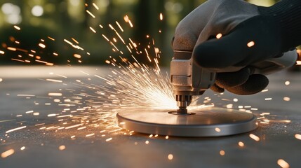 Worker using angle grinder to cut metal, creating flying sparks in an industrial environment with ample natural light