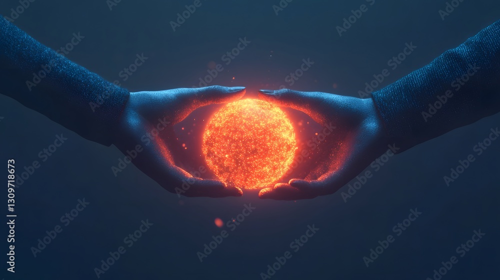 Poster abstract figures holding glowing sphere symbolizing unity and partnership