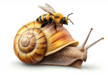 A bright, cartoon-style bee eagerly rides on the back of a sleepy snail, ready for adventure